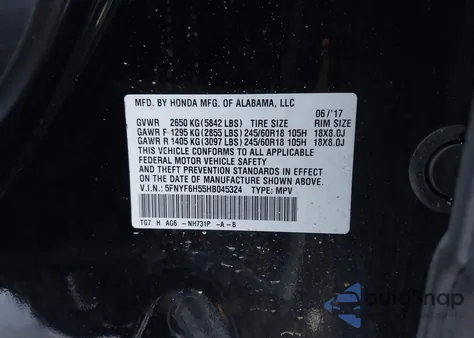 2017 Honda Pilot Ex-L from USA, damaged, VIN 5FNYF6H55HB045324